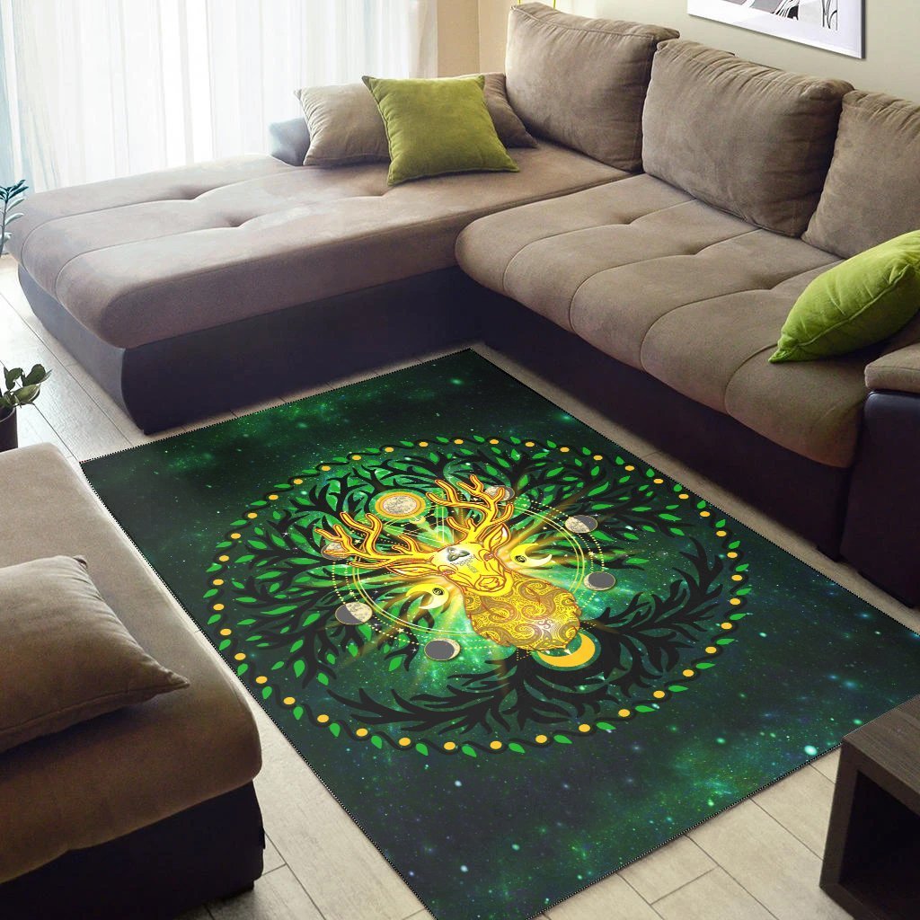 Celtic Pagan Deer Area Rug - Moon Phases Deer with Tree of Life - Vibe Hoodie Shop