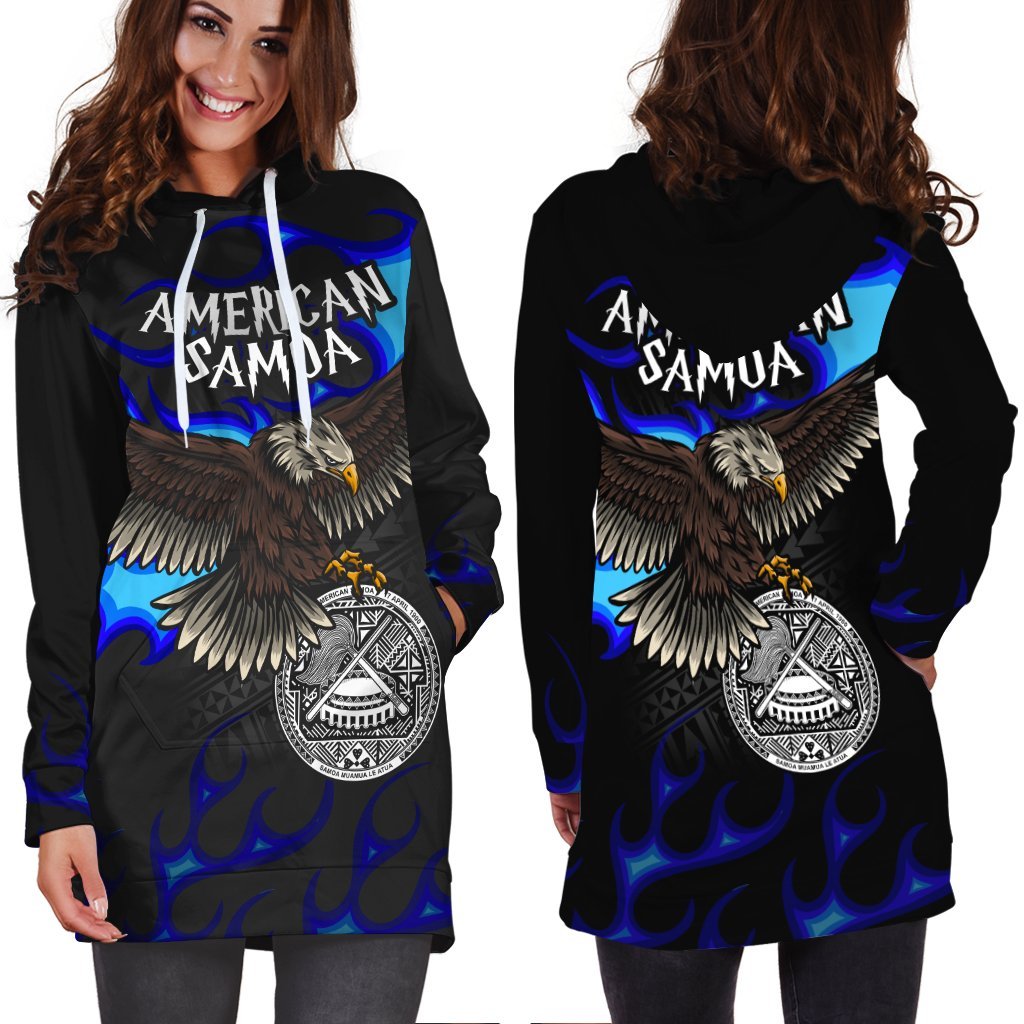 American Samoa Polynesian Hoodie Dress - Eagle With Flame Blue - Vibe Hoodie Shop