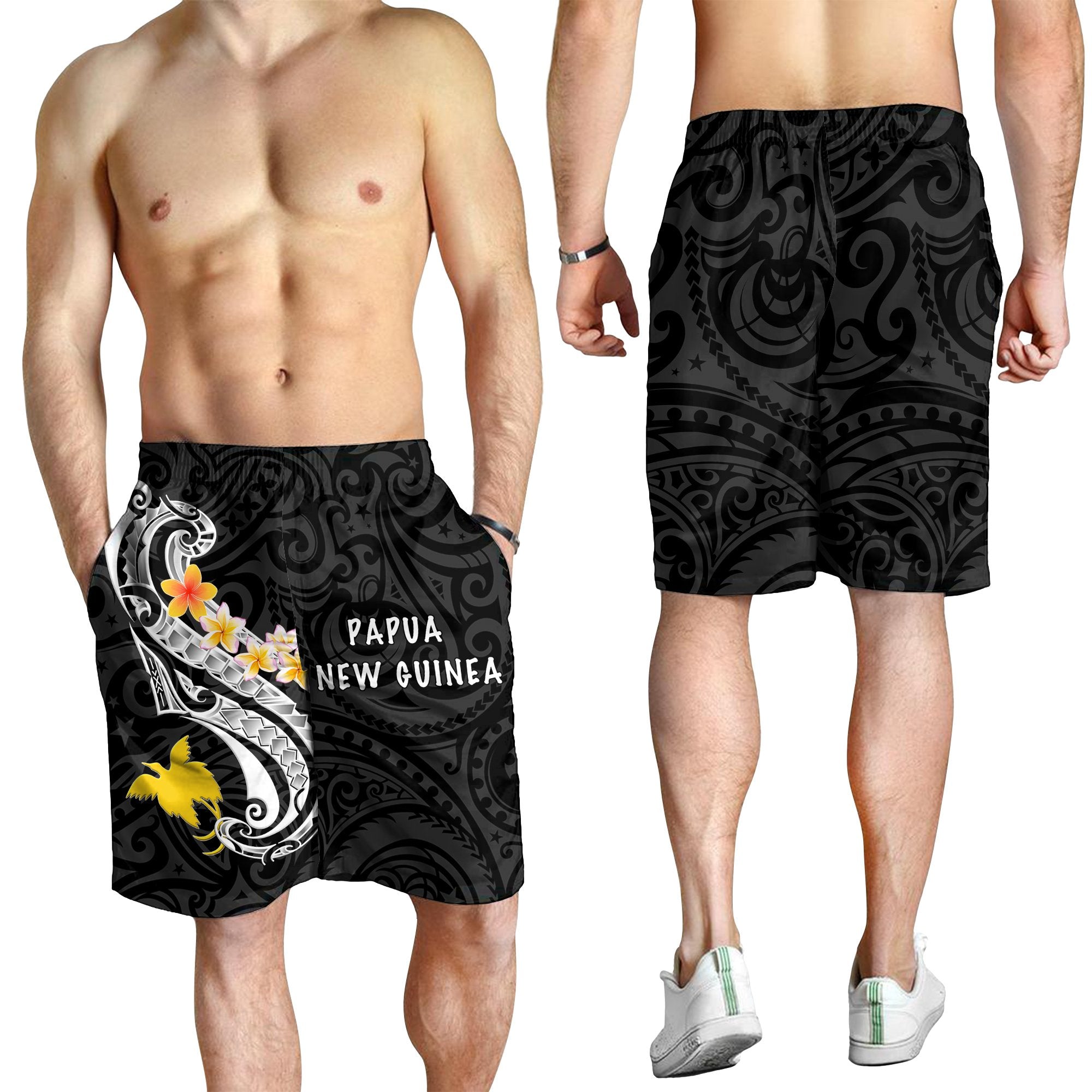 Papua New Guinea Men's Short - PNG Seal Polynesian Patterns Plumeria (Black) - Vibe Hoodie Shop