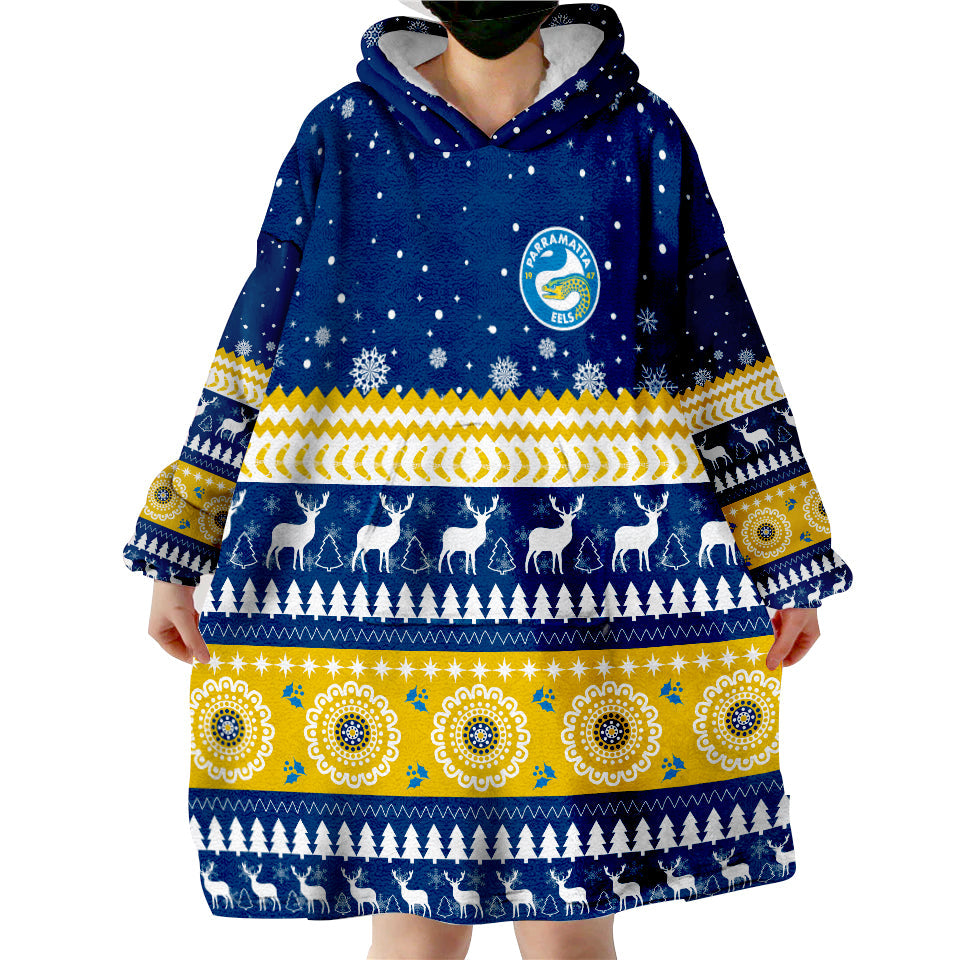 Eels Rugby Wearable Blanket Hoodie Christmas Parramatta Blue - Vibe Hoodie Shop