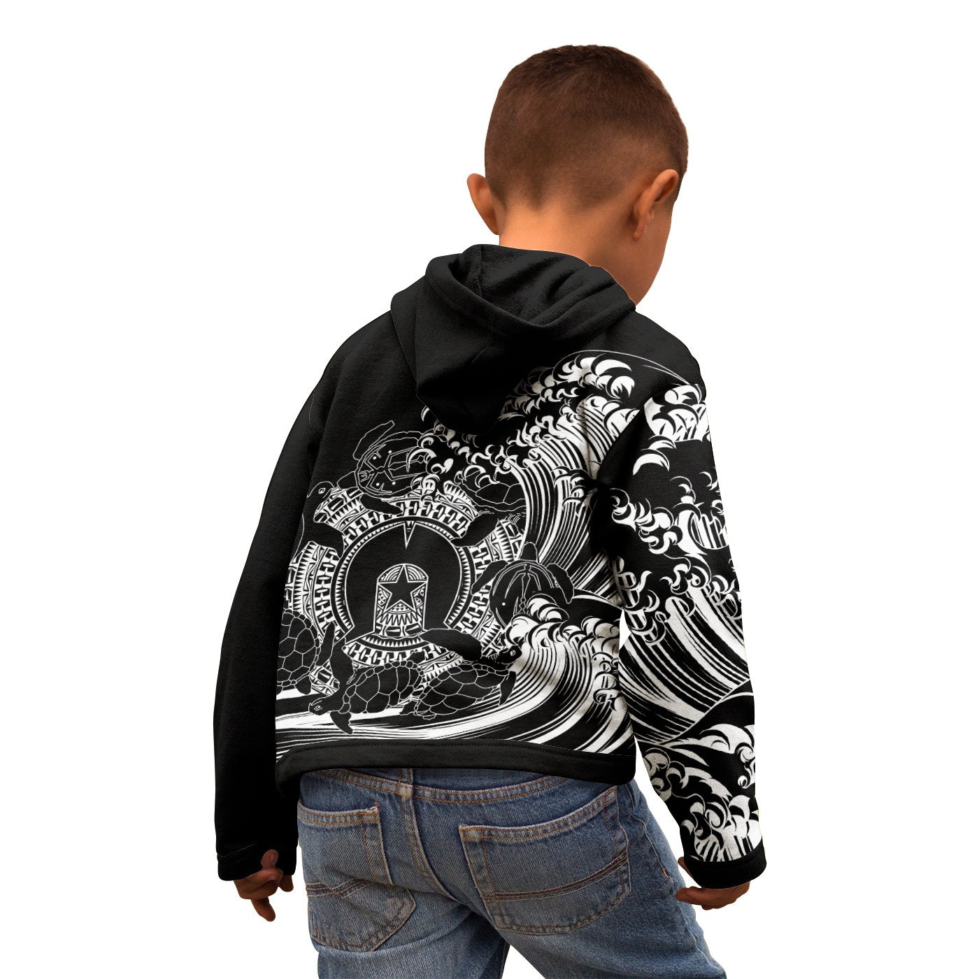 Aboriginal Kid Zip - Up Hoodie, Torres Strait Islands in Wave (Black) - Vibe Hoodie Shop