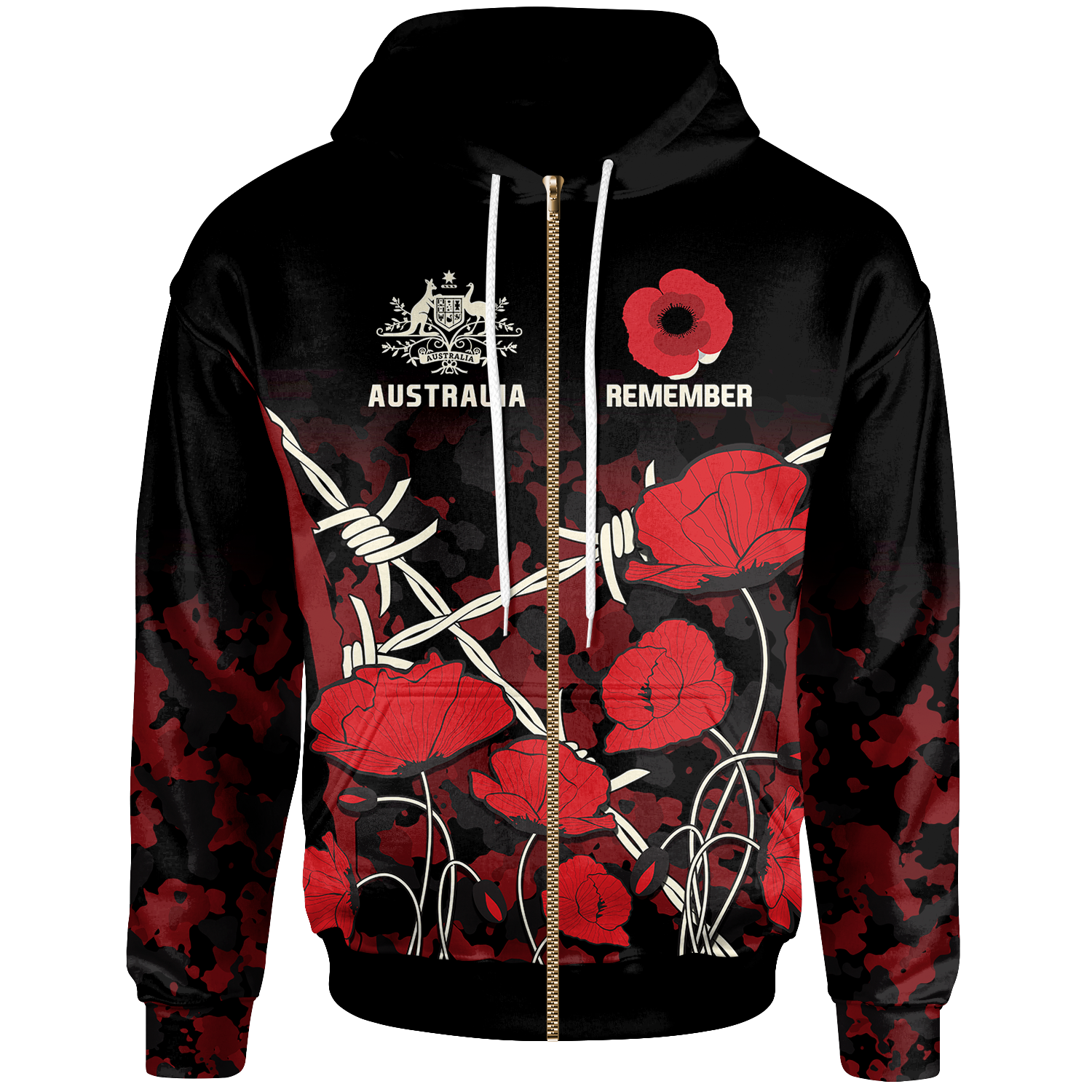 ANZAC Zip - Up Hoodie - ANZAC with Remembrance Poppy Flower - Vibe Hoodie Shop