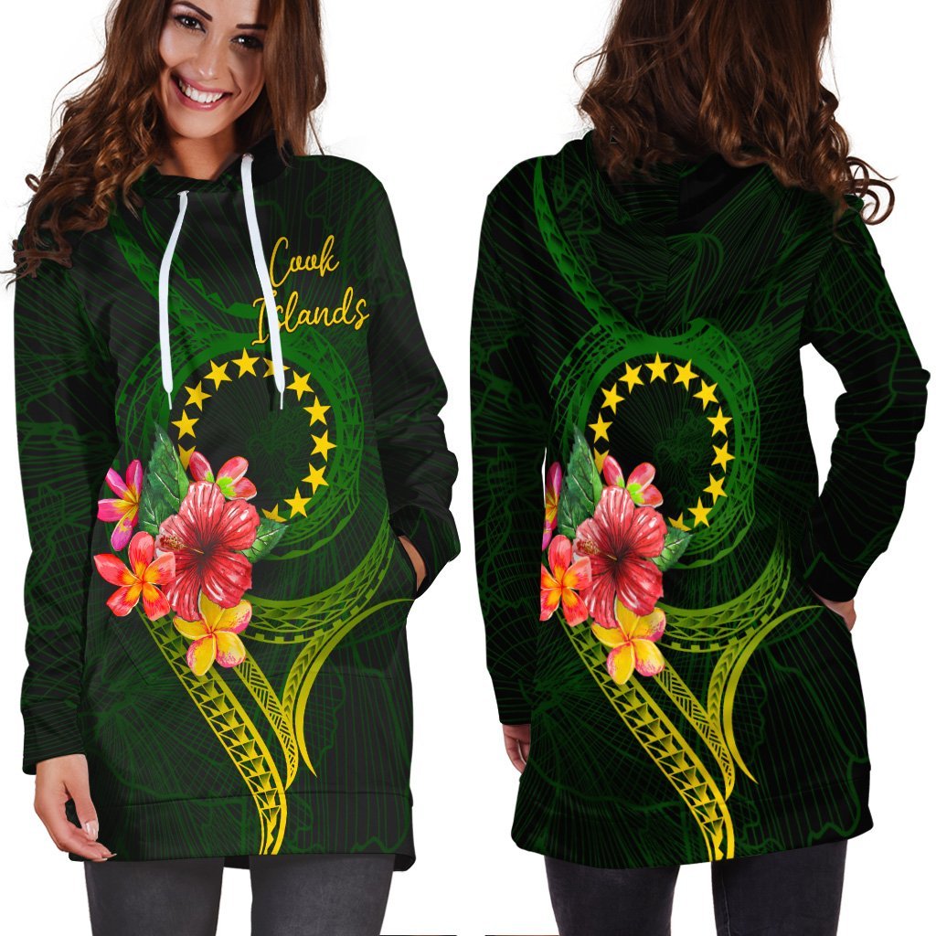 Cook Islands Polynesian Hoodie Dress - Floral With Seal Flag Color - Vibe Hoodie Shop