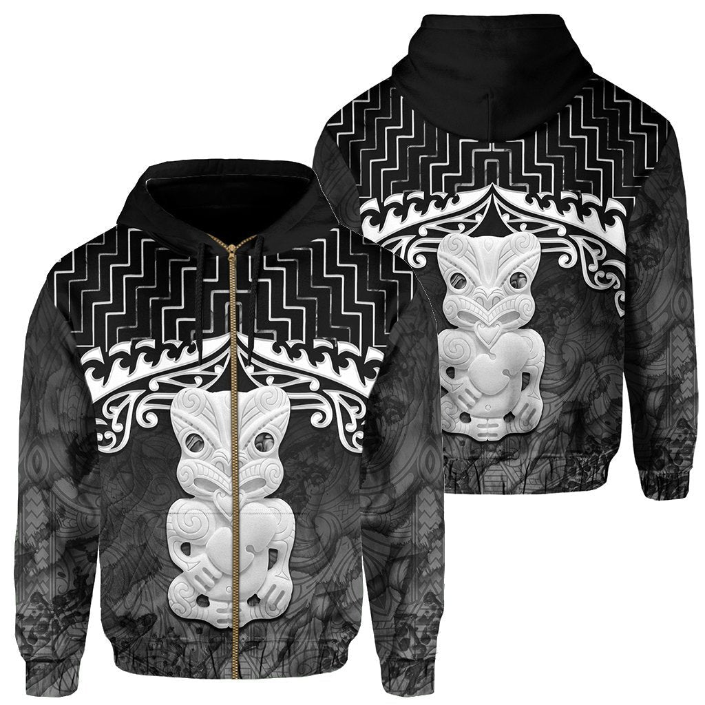 New Zealand Zip Up Hoodie, Poutama Maori Hei Tiki Zipper Hoodie Black - Vibe Hoodie Shop