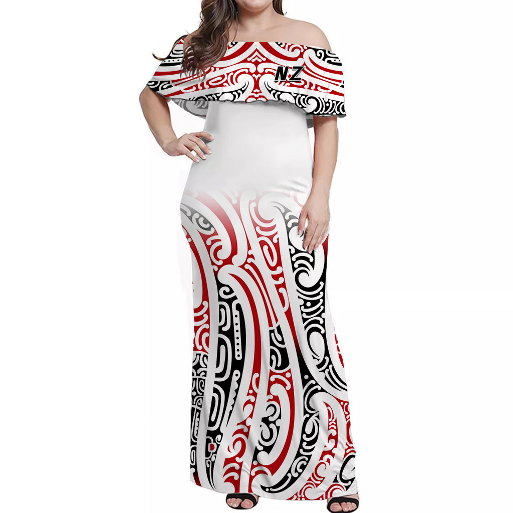 New Zealand Off Shoulder Long Dress Maori NZ Unique Red - Vibe Hoodie Shop