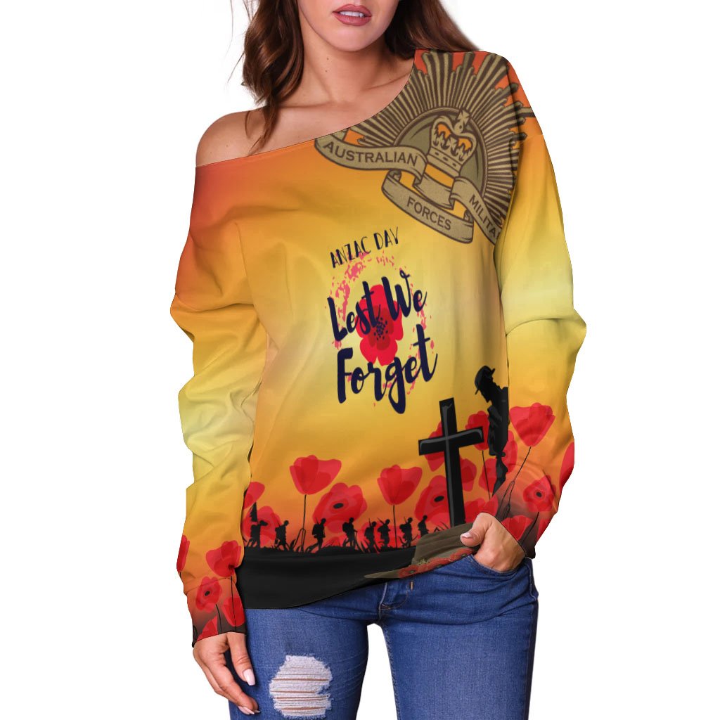 ANZAC Day Women's Off Shoulder Sweater - Lest We Forget - Vibe Hoodie Shop
