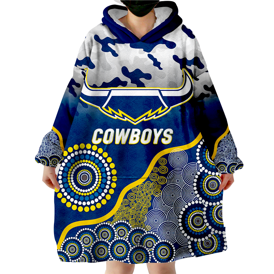 (Custom Personalised) Cowboys Rugby ANZAC Day Camouflage Indigenous Art Wearable Blanket Hoodie - - Vibe Hoodie Shop