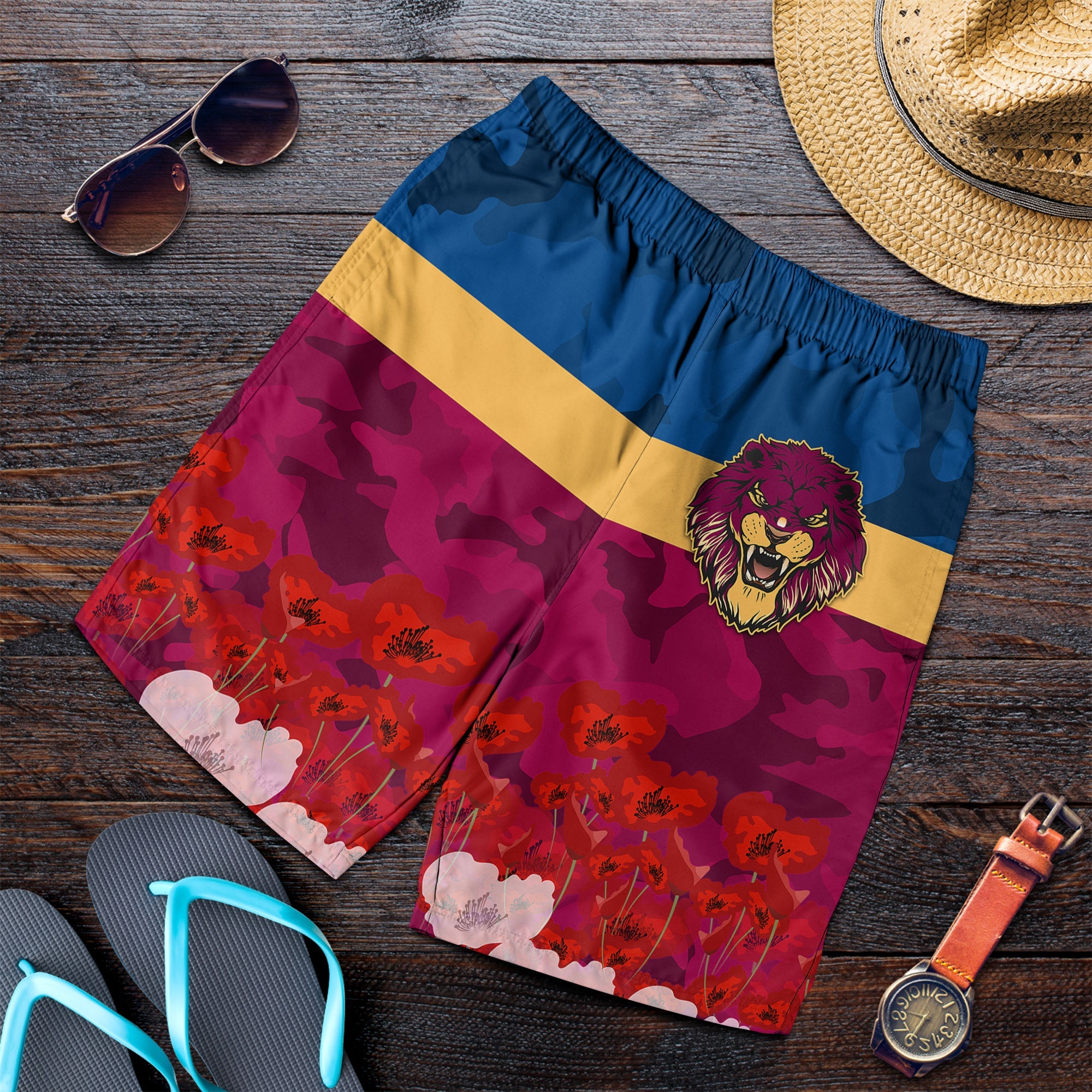 Lions ANZAC 2022 Men Shorts Brisbane Brissie Poppy Flowers - Vibe Hoodie Shop