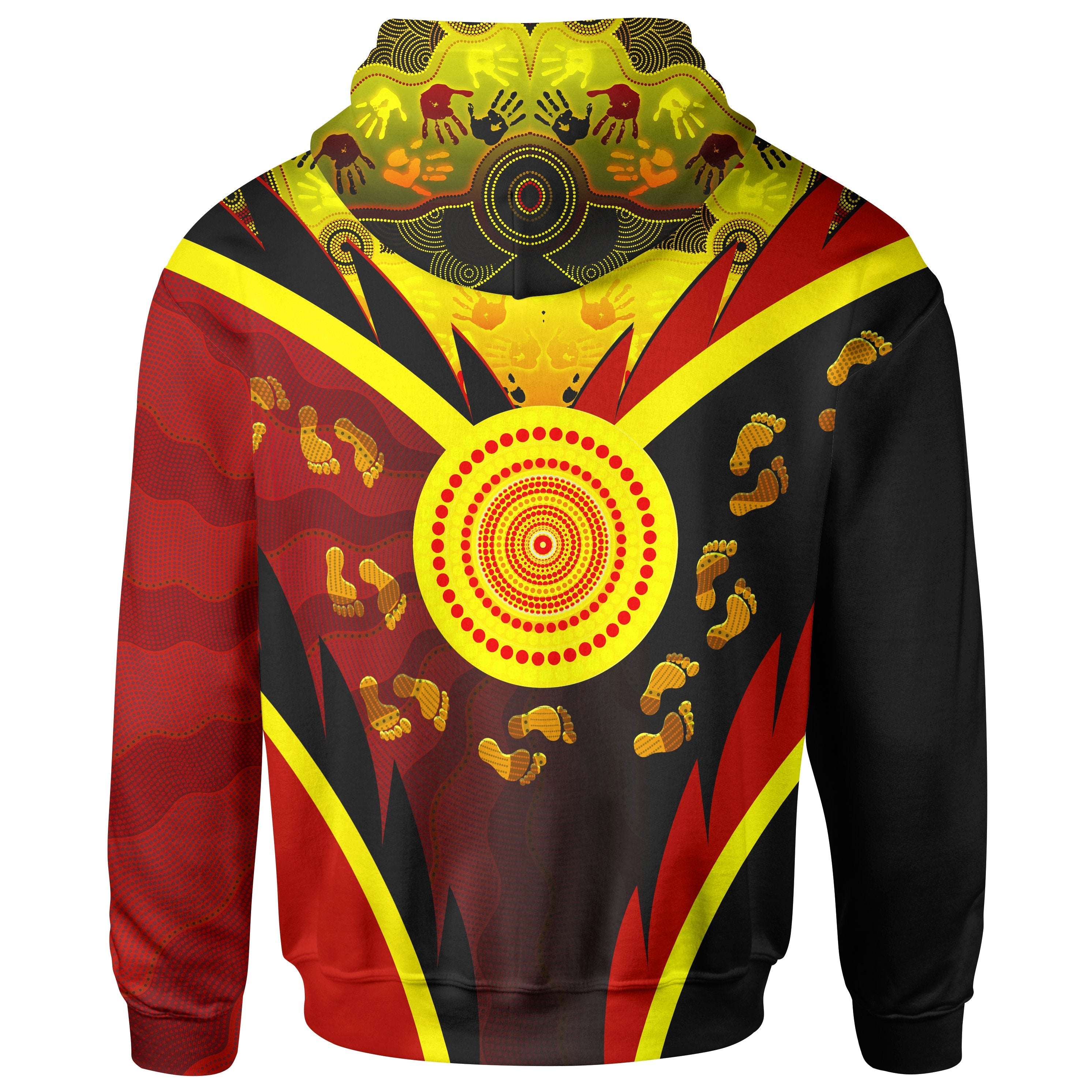 Aboriginal Zip - Up Hoodie - Indigenous Flag With Footprint Hand Art - Vibe Hoodie Shop