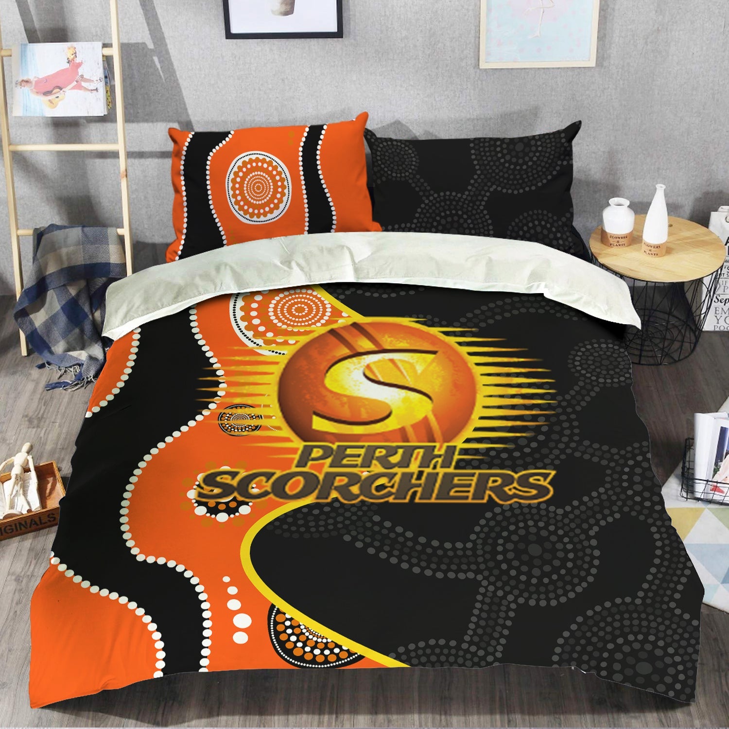 Perth Scorchers Indigenous Orange and Black Bedding Set - LT20 - Vibe Hoodie Shop