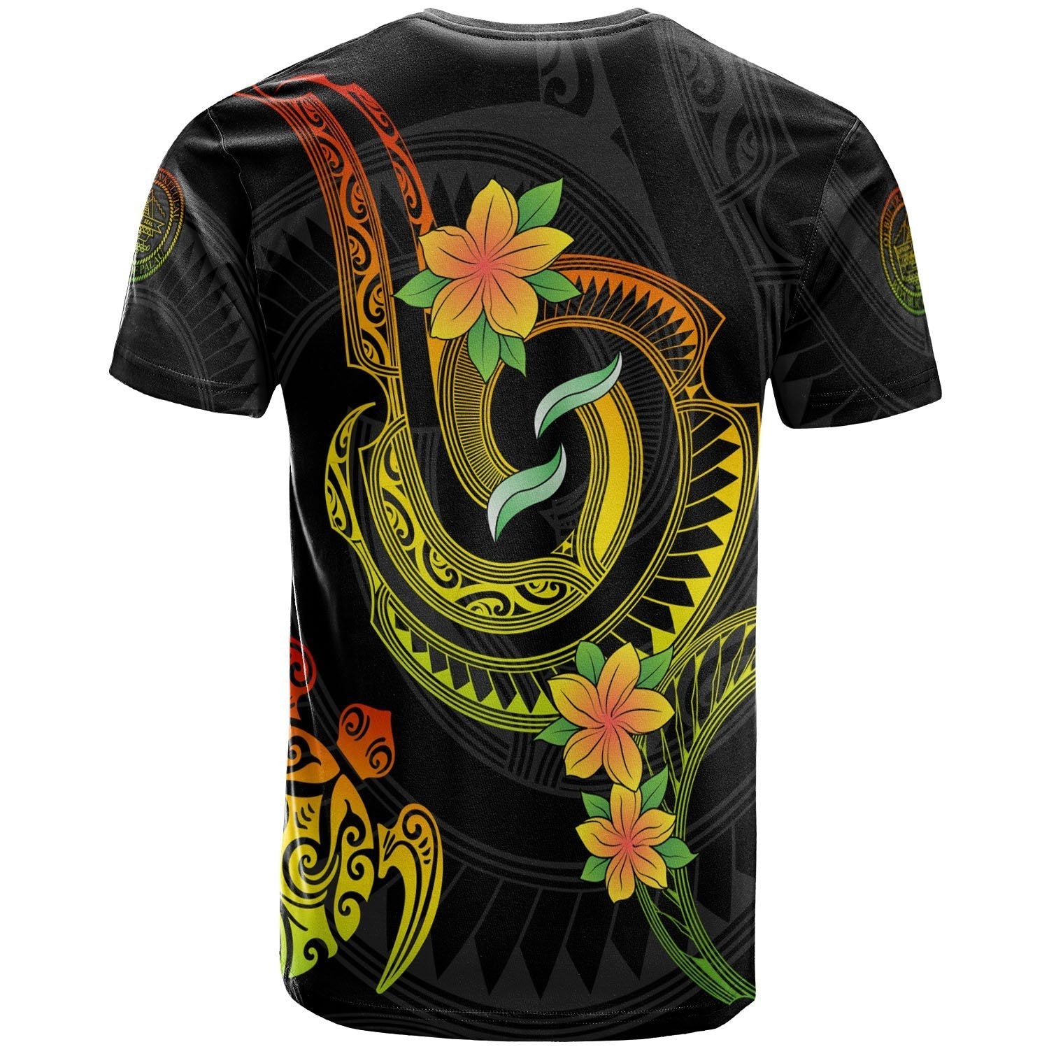 Palau Custom Personalised T - Shirt - Reggae Plumeria Flowers with Spiral Patterns - Vibe Hoodie Shop