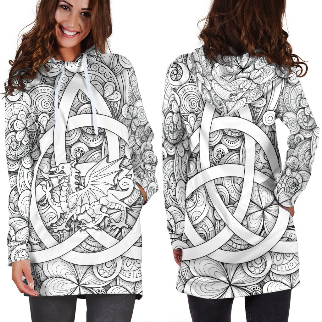 Celtic Wales Hoodie Dress - Dragon White Wales With Triquetra Celtic Symbol - Vibe Hoodie Shop