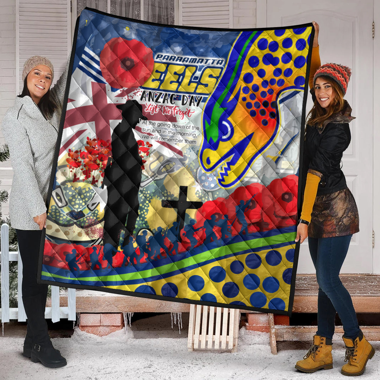 Eels Rugby Australia ANZAC Day Lest We Forget Custom Quilt - Remembrance Eels With ANZAC Poppy Watercolour Style RLT13 - Vibe Hoodie Shop