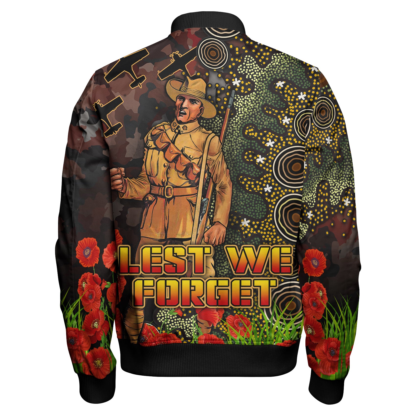 australia-anzac-sleeve-zip-bomber-jacket-anzac-soldier-with-remembrance-poppy-and-indigenous-patterns-sleeve-zip-bomber-jacket