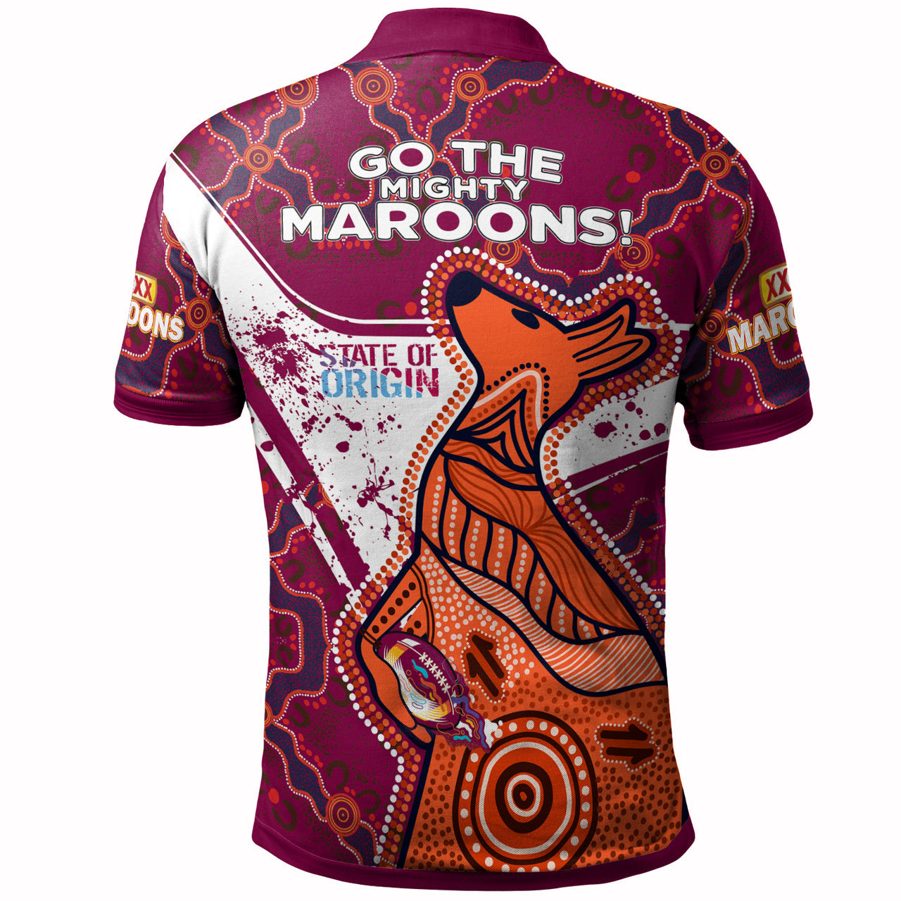 Queensland Rugby League Team Polo Shirt - Custom Queensland Maroons With Kangaroo Rugby Ball State Of Origin Dot Art Painting Polo Shirt RLT12 - Vibe Hoodie Shop