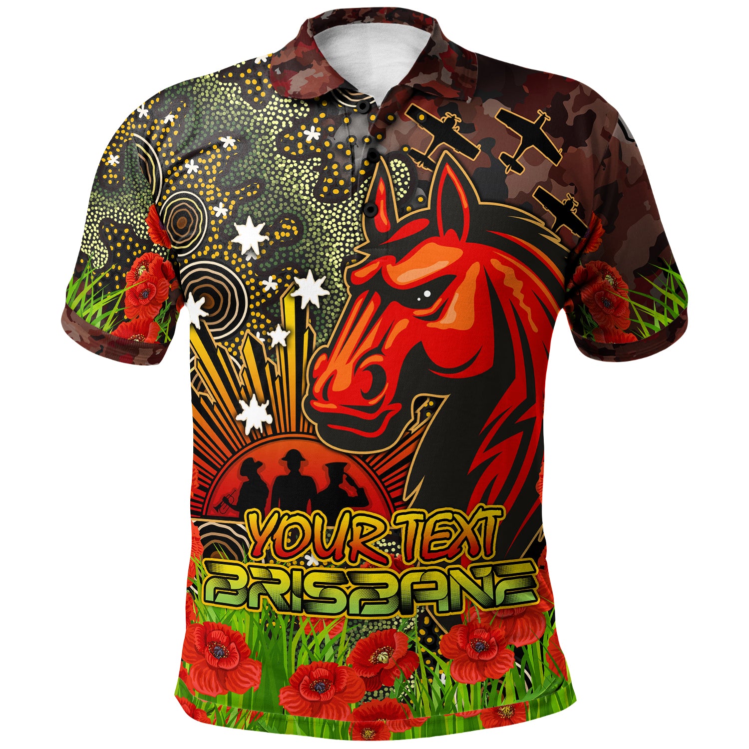 Australia Brisbane Rugby Custom Polo Shirt - Anzac Brisbane with Remembrance Poppy and Indigenous Patterns Polo Shirt - Vibe Hoodie Shop