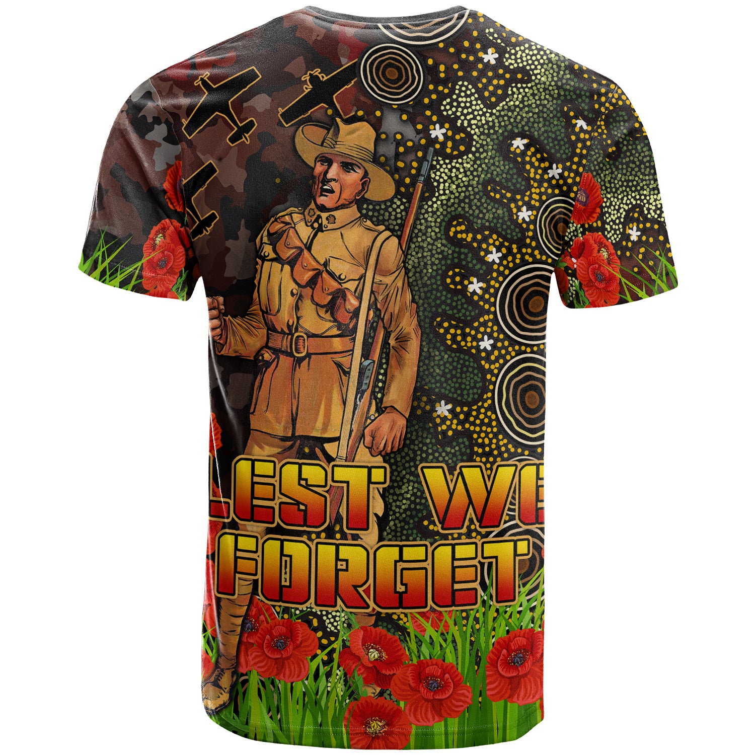 Australia Anzac T-shirt - Anzac Soldier with Remembrance Poppy and Indigenous Patterns T-shirt - Vibe Hoodie Shop