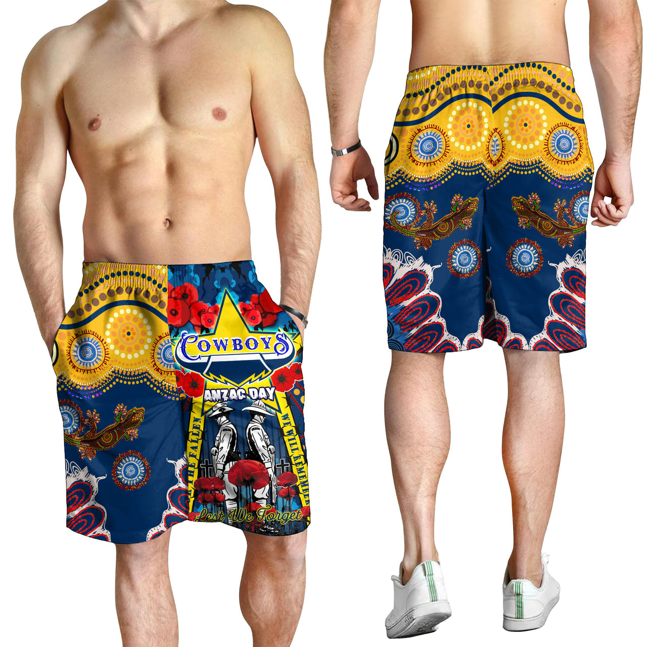 Cowboys ANZAC Day Watercolour Rugby Men Short - Custom Remembrance Cowboys With Poppy Flower RLT13 - Vibe Hoodie Shop