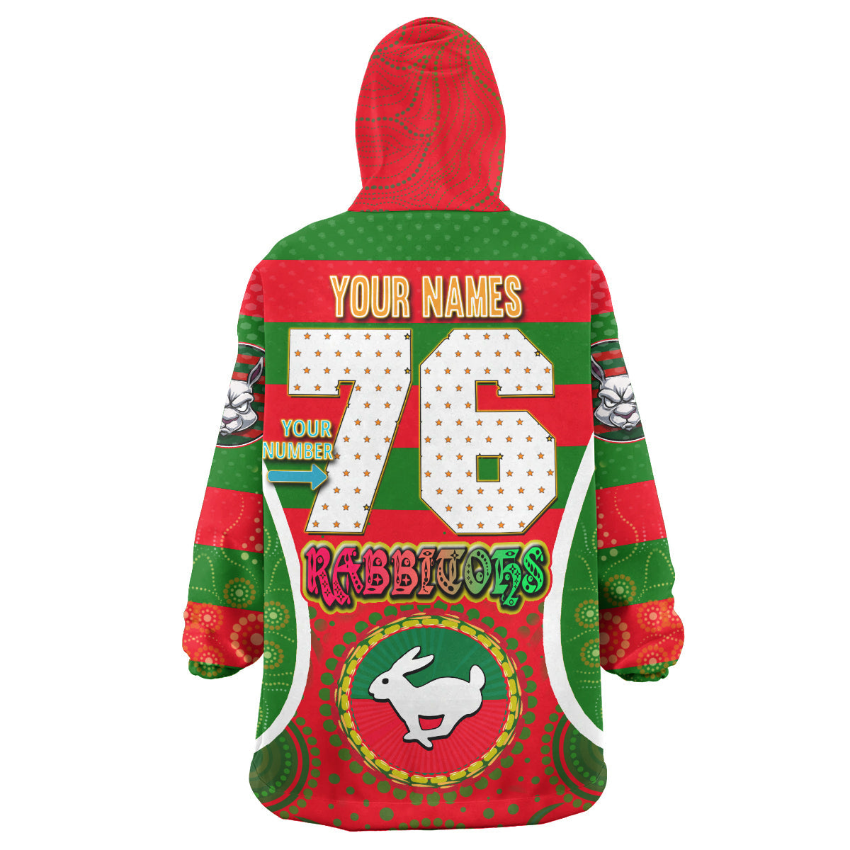 Rabbitohs Rugby Snug Hoodie - Custom Angry Rabbitohs 100% South Personalised Player And Number Aboriginal Pride Wearable Blanket Hoodie RLT14 - Vibe Hoodie Shop