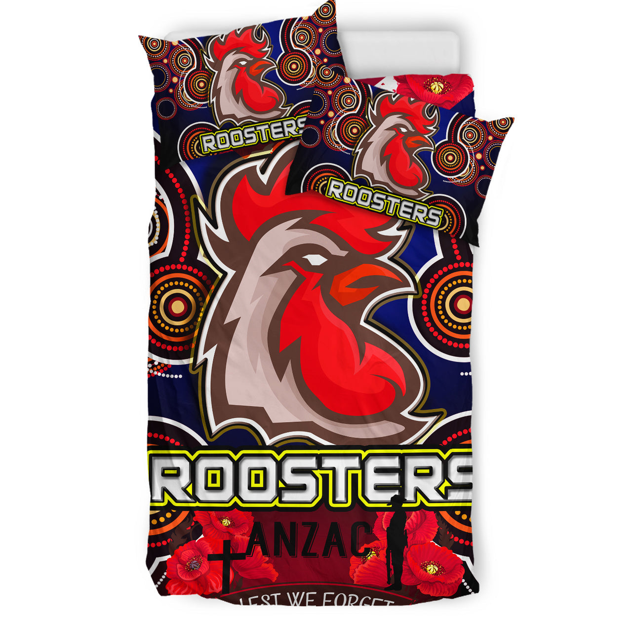 Roosters Rugby Bedding Set - Aboriginal Rooster ANZAC Day Lest We Forget With Poppy Flower Patterns Bedding Set RLT12 - Vibe Hoodie Shop