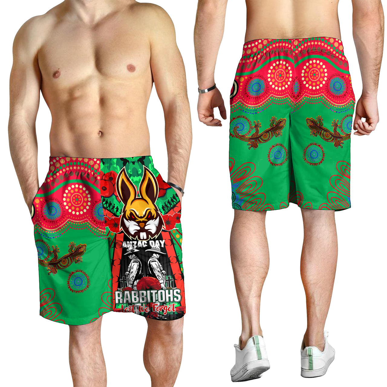 Rabbitohs Rugby Aboriginal ANZAC Day Custom Watercolour Men Short - Remembrance Indigenous Rabbitohs With Poppy Flower RLT13 - Vibe Hoodie Shop