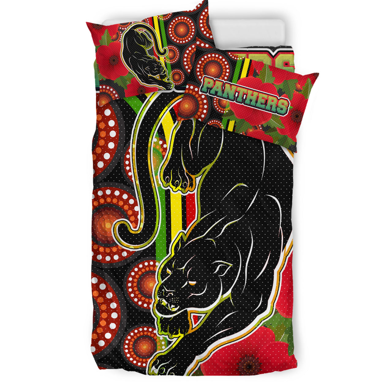 Panthers Rugby Bedding Set - Aboriginal Panthers ANZAC Day Panther With Poppy Flower Bedding Set RLT12 - Vibe Hoodie Shop