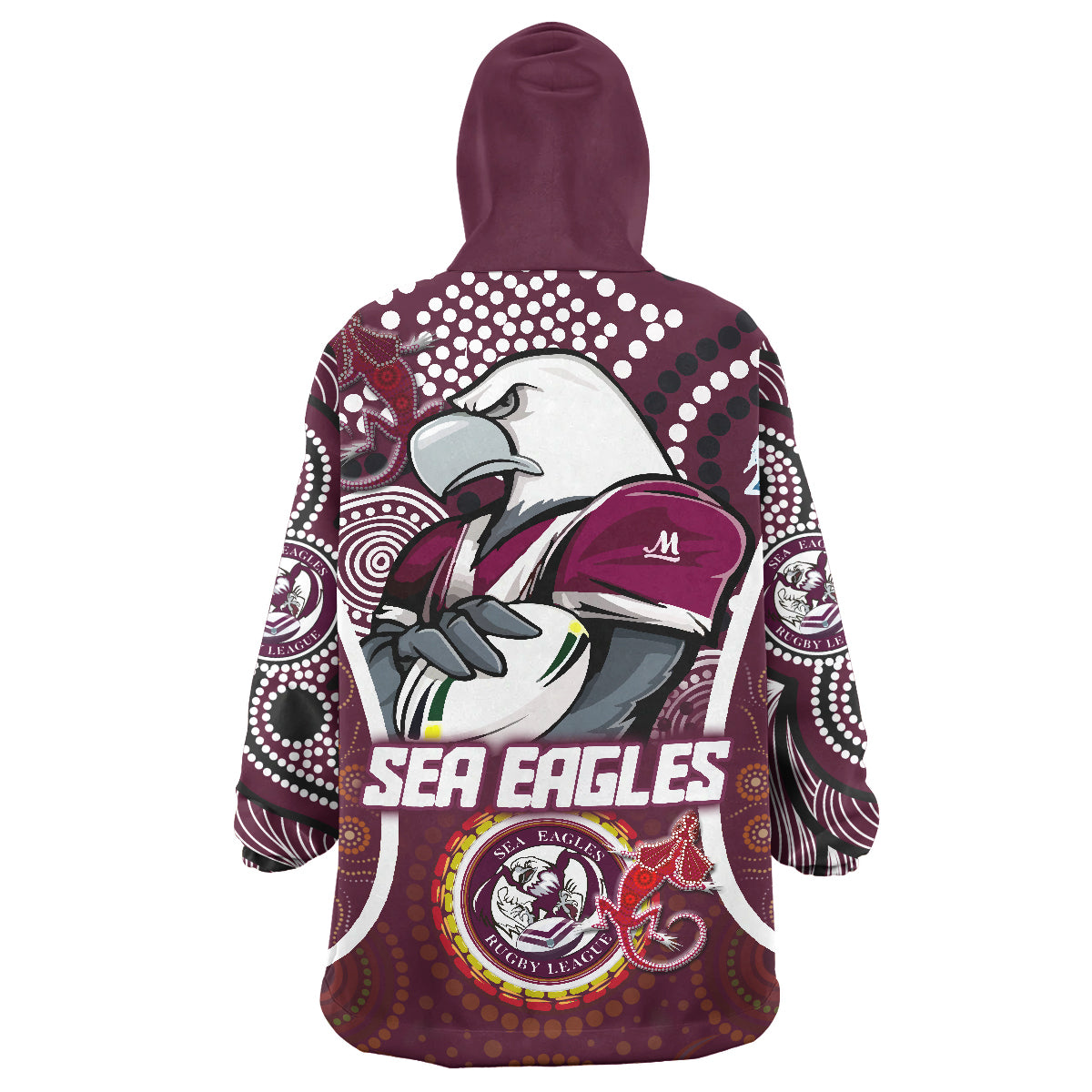 Sea Eagles Rugby Snug Hoodie - Custom Manly Sea Eagles Mascot With Aboriginal Art Personalised Player And Number Wearable Blanket Hoodie RLT14 - Vibe Hoodie Shop