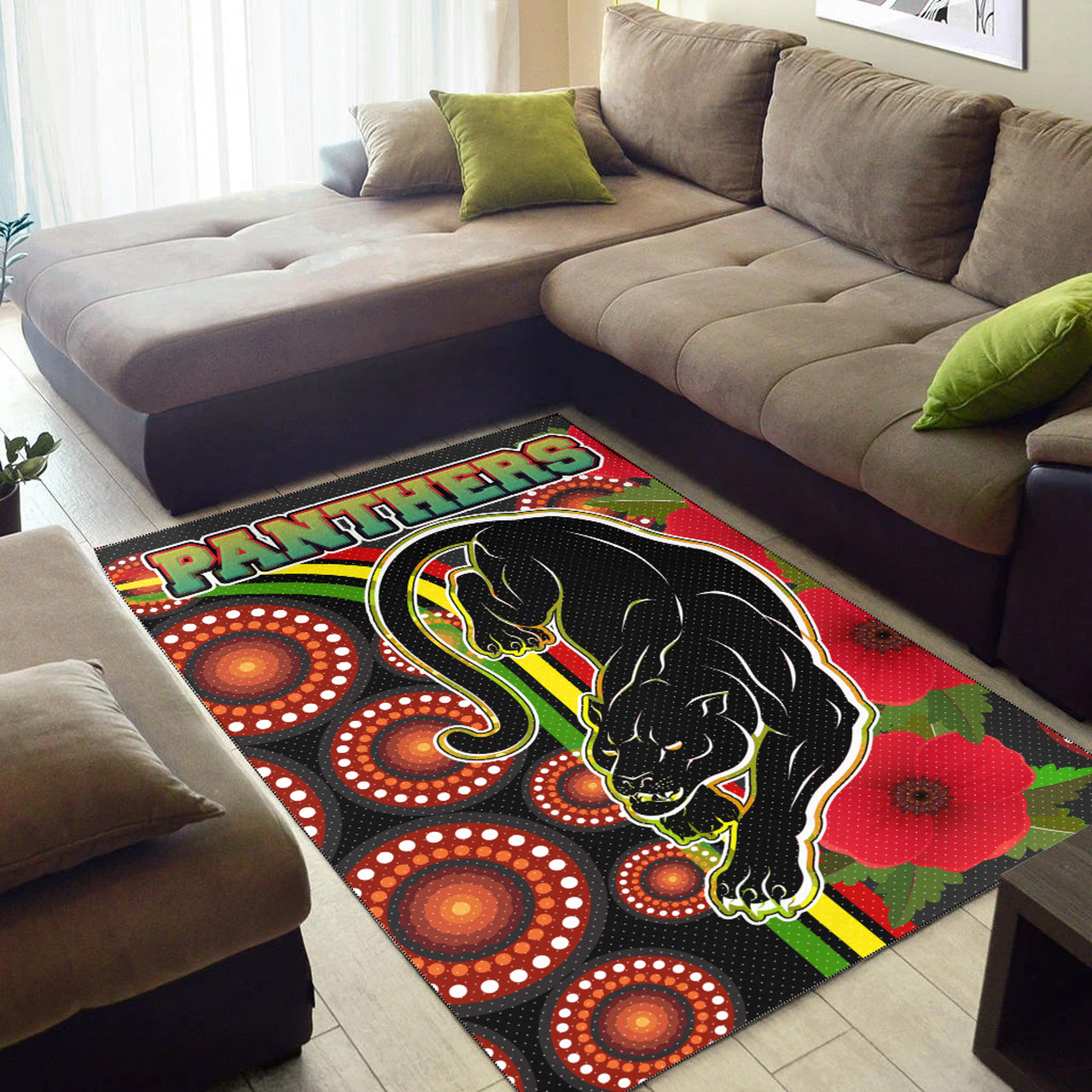 Panthers Rugby Area Rug - Aboriginal Panthers ANZAC Day Panther With Poppy Flower Area Rug RLT12 - Vibe Hoodie Shop