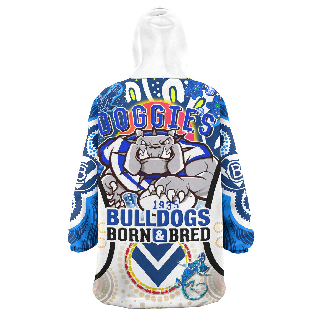Bulldogs Rugby Snug Hoodie - Custom Bulldogs Mascot With Aboriginal Art Personalised Player And Number Wearable Blanket Hoodie RLT14 - Vibe Hoodie Shop