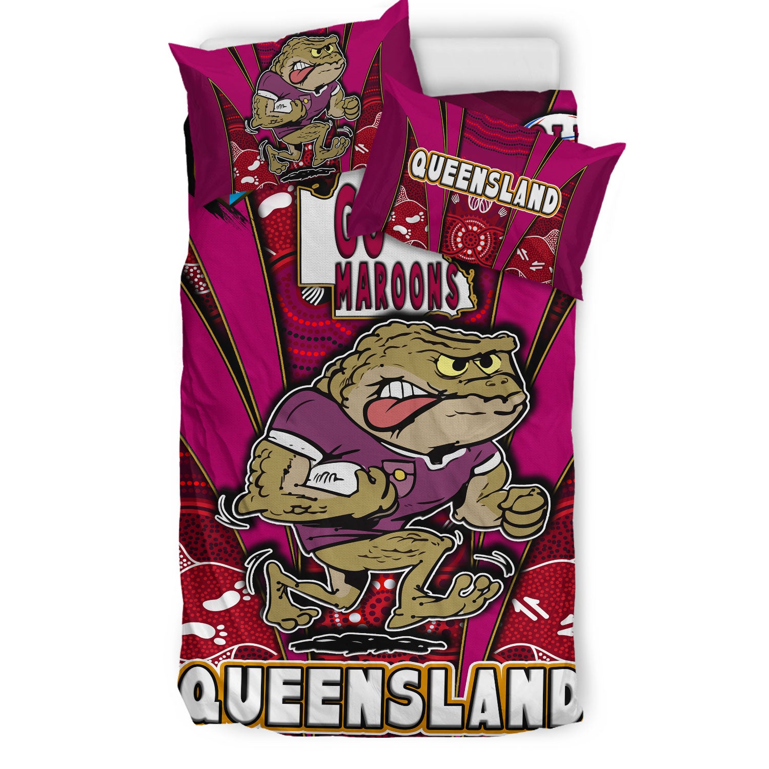 Queensland Rugby League Team Bedding Set - Queensland Maroons Mascot With Aboriginal Art STATE OF ORIGIN Bedding Set - Vibe Hoodie Shop