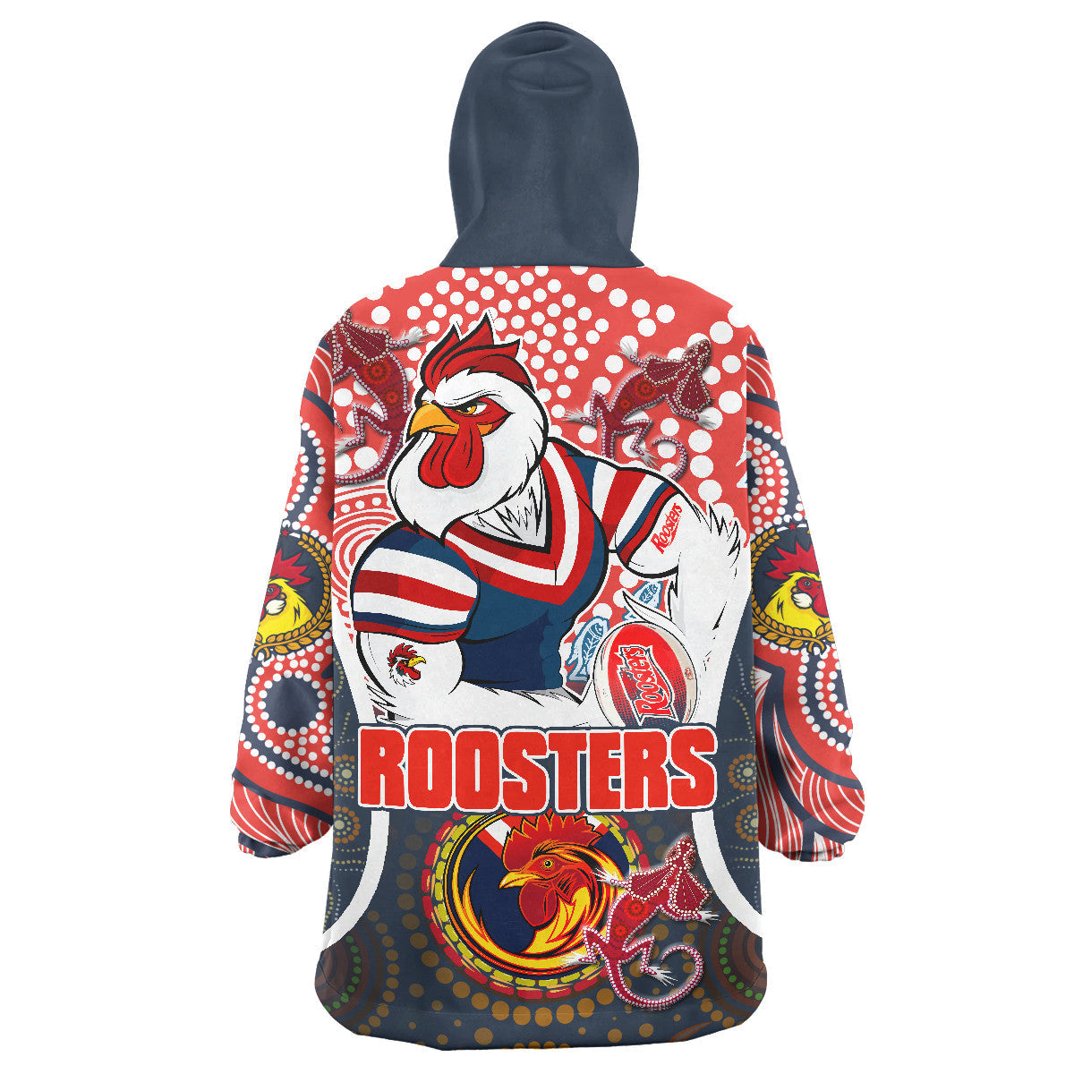 Roosters Rugby Snug Hoodie - Custom Mighty Roosters With Aboriginal Art Personalised Player And Number Wearable Blanket Hoodie - Vibe Hoodie Shop