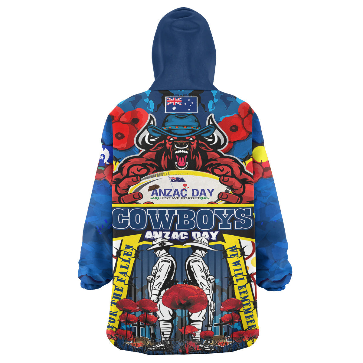 Cowboys Rugby Anzac Day Snug Hoodie - Custom Remembrance Cowboys With Rugby Ball And Poppy Flower Wearable Blanket Hoodie - Vibe Hoodie Shop