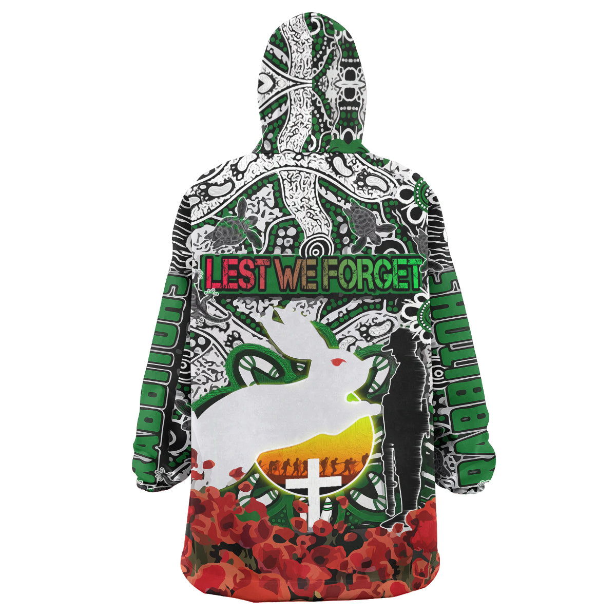 Rabbitohs Rugby Anzac Day Watercolor Snug Hoodie - Lest We Forget Indigenous Dreaming Rabbitohs Wearable Blanket Hoodie - Vibe Hoodie Shop