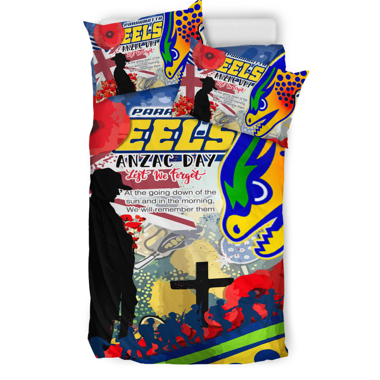 Eels Rugby Australia ANZAC Day Lest We Forget Custom Bedding Set - Remembrance Eels With ANZAC Poppy Watercolour Style RLT13 - Vibe Hoodie Shop