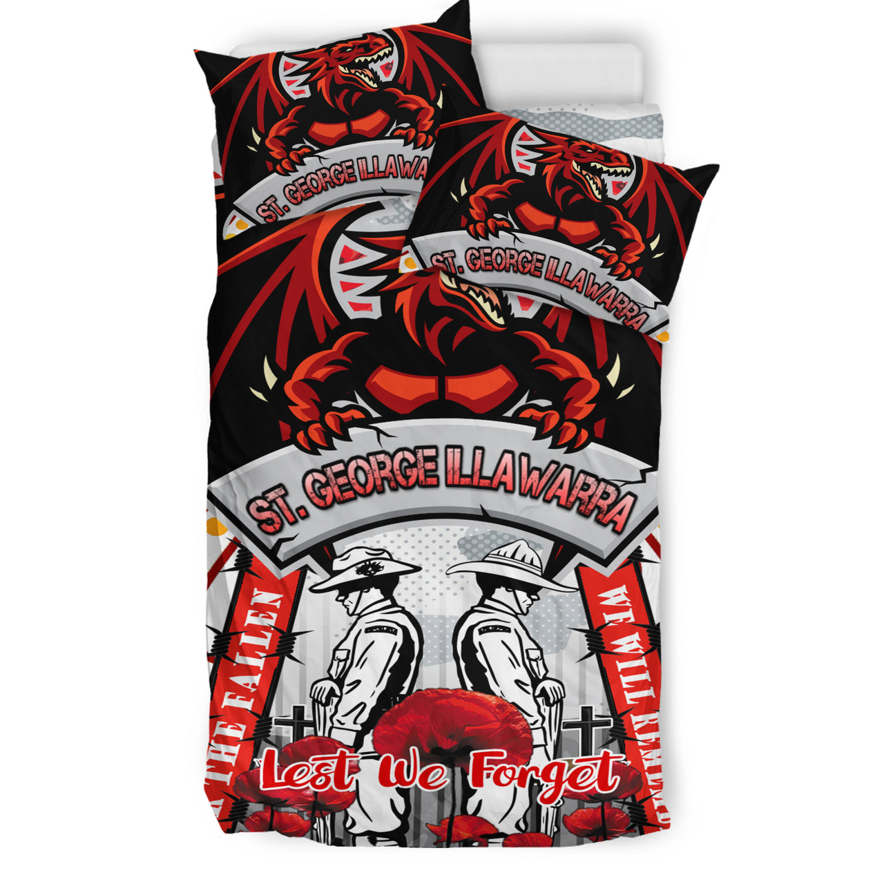 St. George Rugby ANZAC Day Watercolour Custom Bedding Set - Remembrance Dragons With Poppy Flower RLT13 - Vibe Hoodie Shop