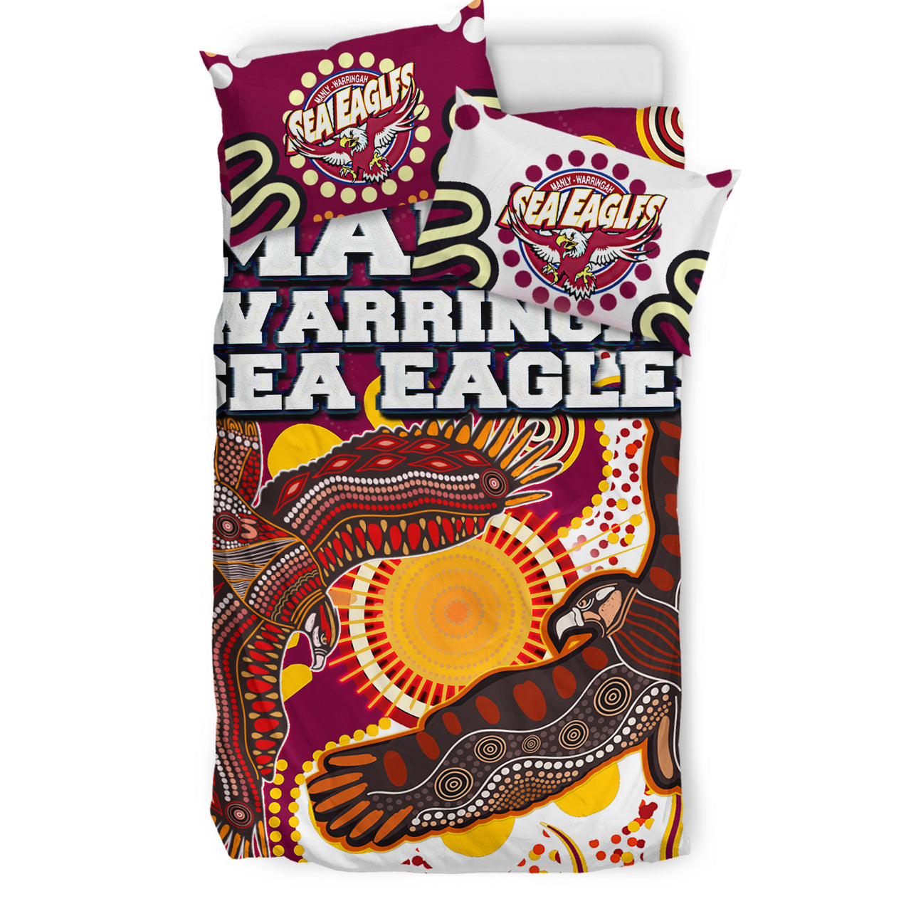 Sea Eagles Aboriginal Rugby Bedding Set - Double Sea Eagles With Tribal Sun And Footprints RLT13 - Vibe Hoodie Shop