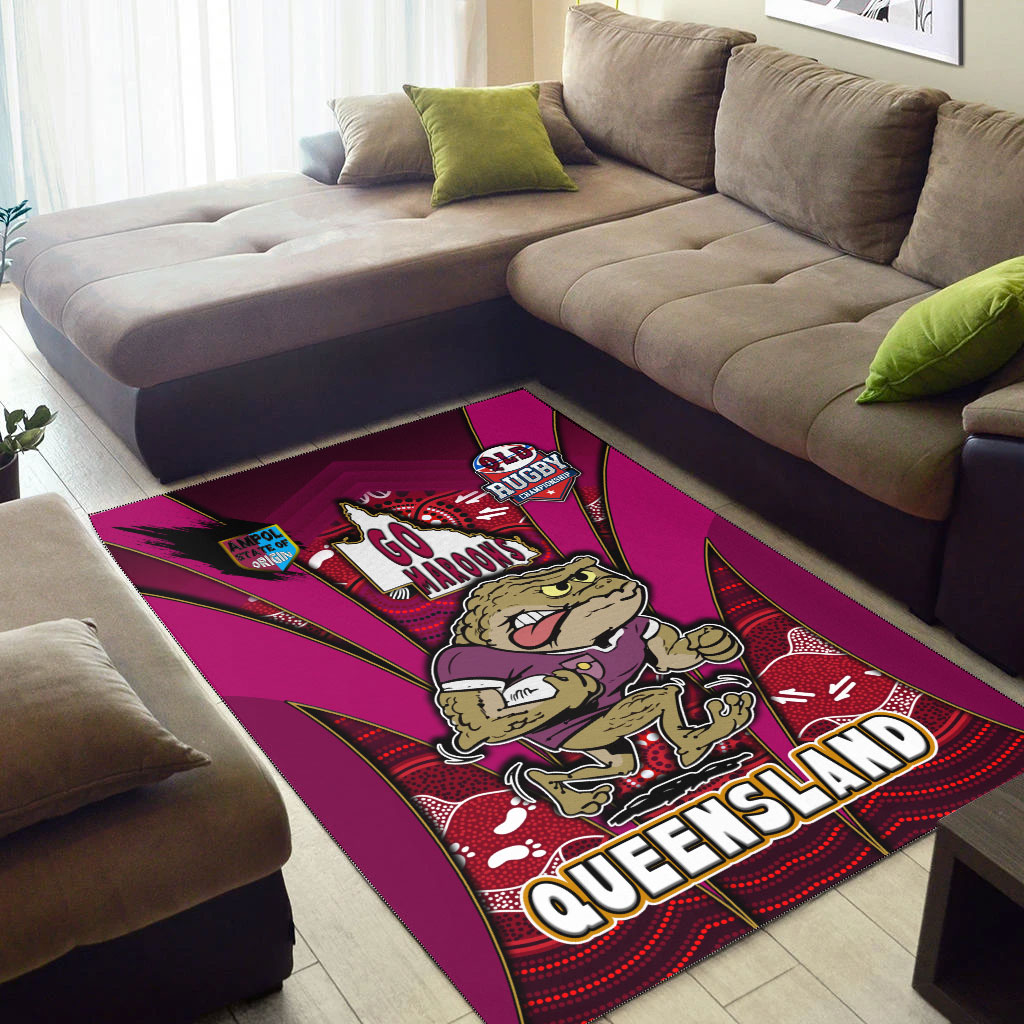 Queensland Rugby League Team Area Rug - Queensland Maroons Mascot With Aboriginal Art STATE OF ORIGIN Area Rug - Vibe Hoodie Shop