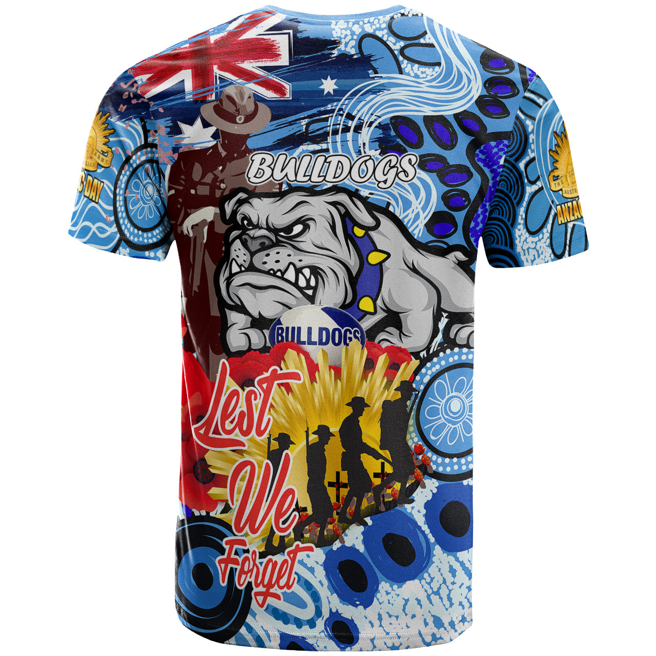 Bulldogs Rugby Australia And NZ ANZAC Day T shirt - Lest We Forget Bulldogs With Rugby Ball And Aboriginal Patterns RLT12 - Vibe Hoodie Shop