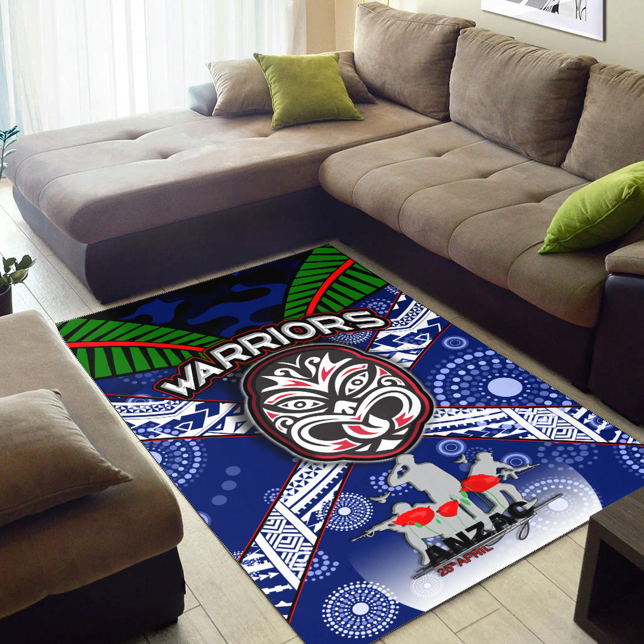 Warriors Rugby Area Rug - Aboriginal Dot Art ANZAC Day Warriors With Poppy Flower Patterns Area Rug RLT12 - Vibe Hoodie Shop