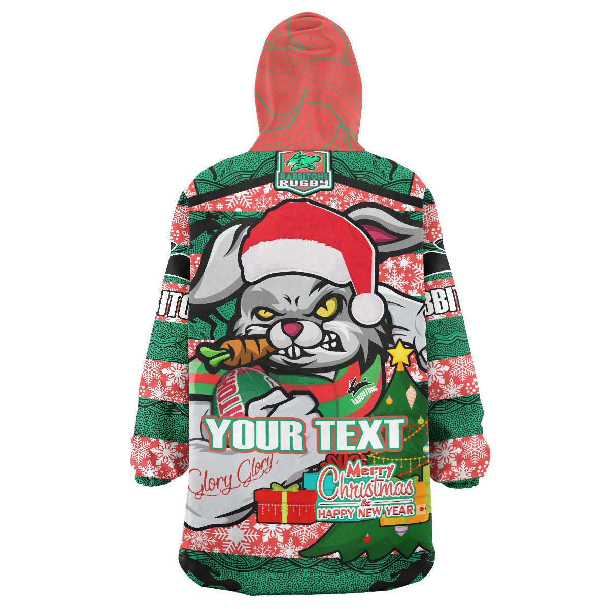 Rabbitohs Christmas Rugby Snug Hoodie - Merry Christmas Super Rabbitohs With Rugby Ball And Aboriginal Patterns Custom Wearable Blanket Hoodie - Vibe Hoodie Shop