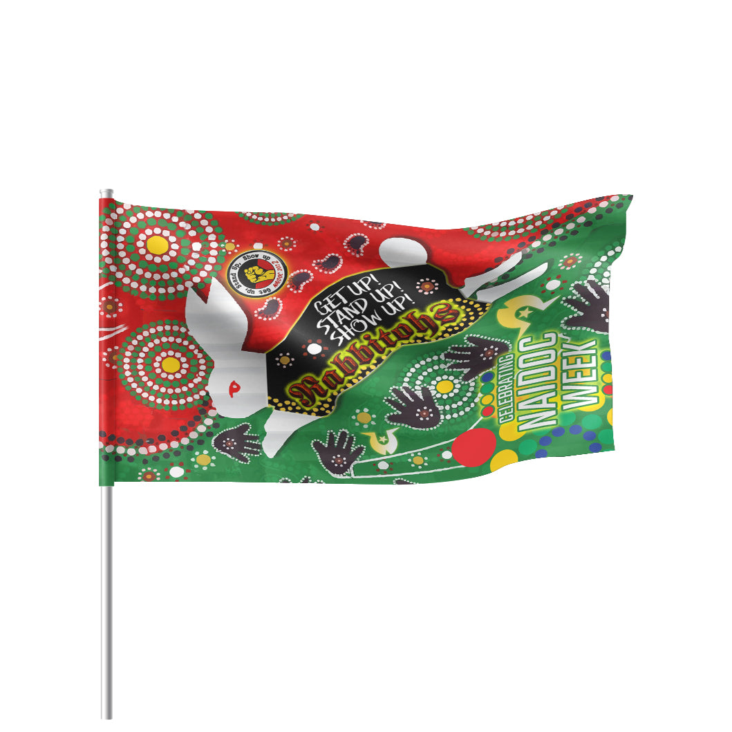 Rabbitohs Rugby Watercolour Dot Painting Flag - Naidoc Week Custom Rabbitohs Getting Up, Standing Up, Showing Up Flag - Vibe Hoodie Shop