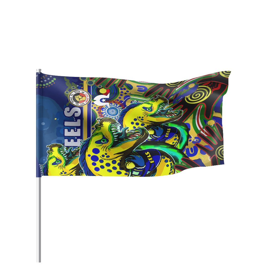 Eels Rugby Naidoc Week Flag - Custom Eels Getting Up, Standing Up, and Showing Up Flag - Vibe Hoodie Shop