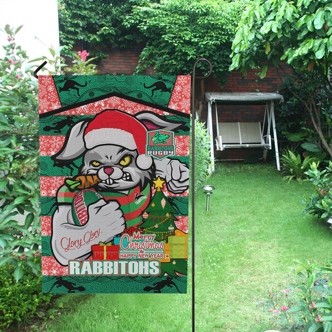 Rabbitohs Christmas Rugby Custom Flag - Merry Christmas Super Rabbitohs With Rugby Ball And Aboriginal Patterns Flag - Vibe Hoodie Shop