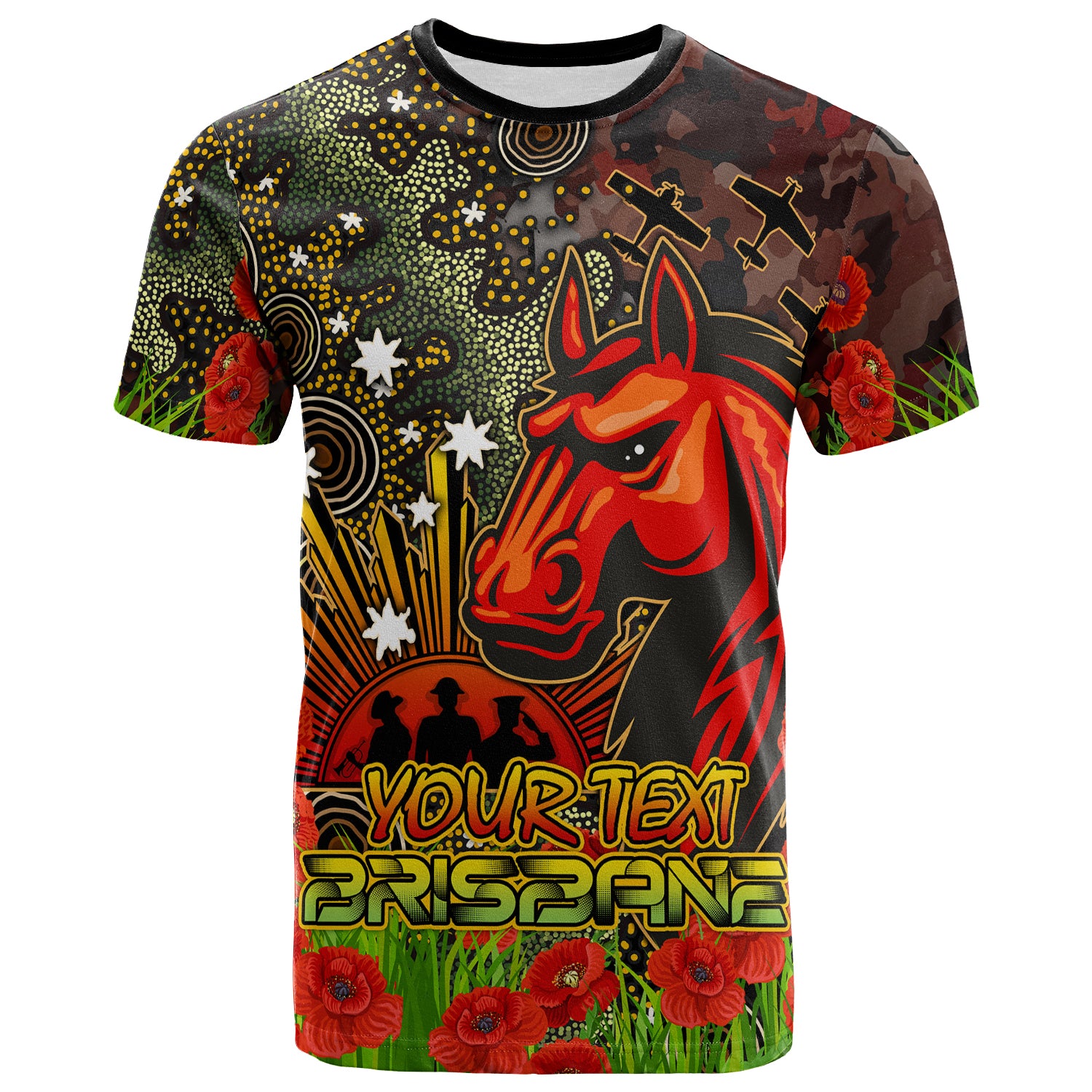 Australia Brisbane Anzac Custom T-shirt - Anzac Brisbane with Remembrance Poppy and Indigenous Patterns T-shirt - Vibe Hoodie Shop