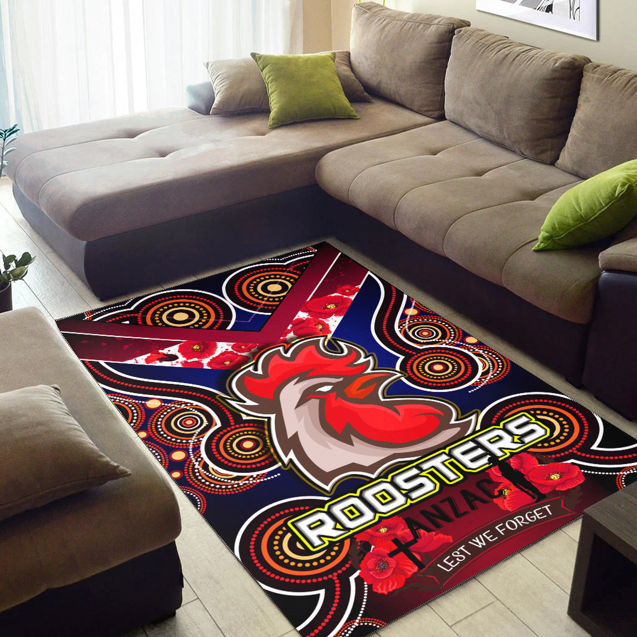 Roosters Rugby Area Rug - Aboriginal Rooster ANZAC Day Lest We Forget With Poppy Flower Patterns Area Rug RLT12 - Vibe Hoodie Shop