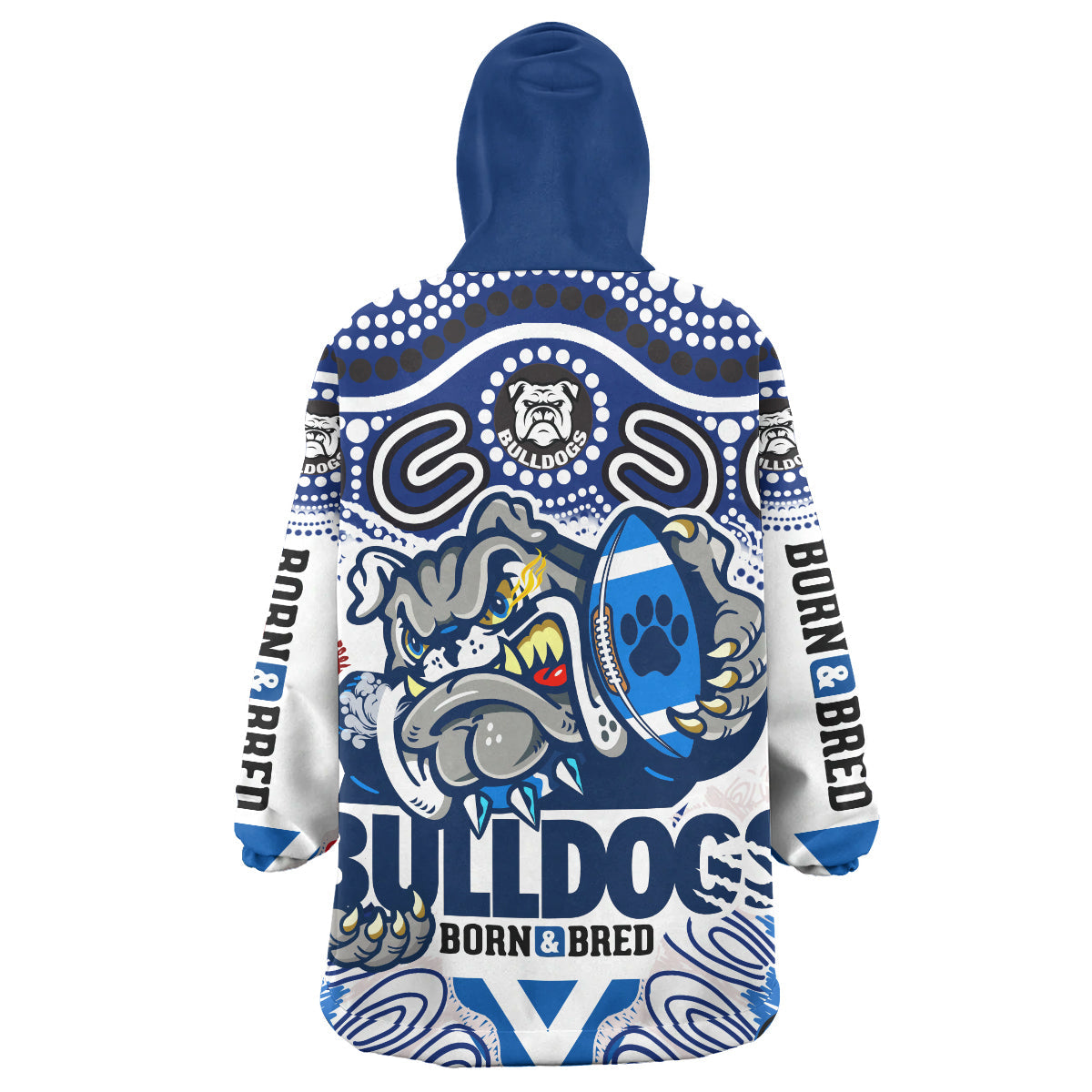Bulldogs Rugby "Born & Bred" Snug Hoodie - Indigenous Bulldogs With Rugby Ball And Aboriginal Patterns Wearable Blanket Hoodie RLT14 - Vibe Hoodie Shop