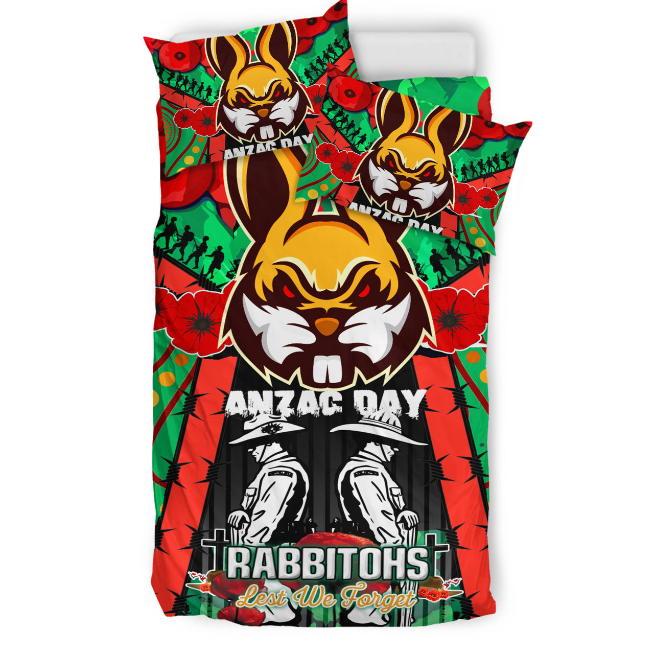 Rabbitohs Rugby Aboriginal ANZAC Day Custom Watercolour Bedding Set - Remembrance Indigenous Rabbitohs With Poppy Flower RLT13 - Vibe Hoodie Shop