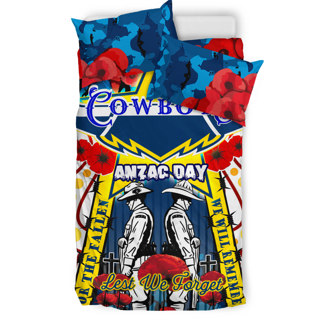 Cowboys Rugby ANZAC Day Watercolour Bedding Set - Custom Remembrance Cowboys With Poppy Flower RLT13 - Vibe Hoodie Shop