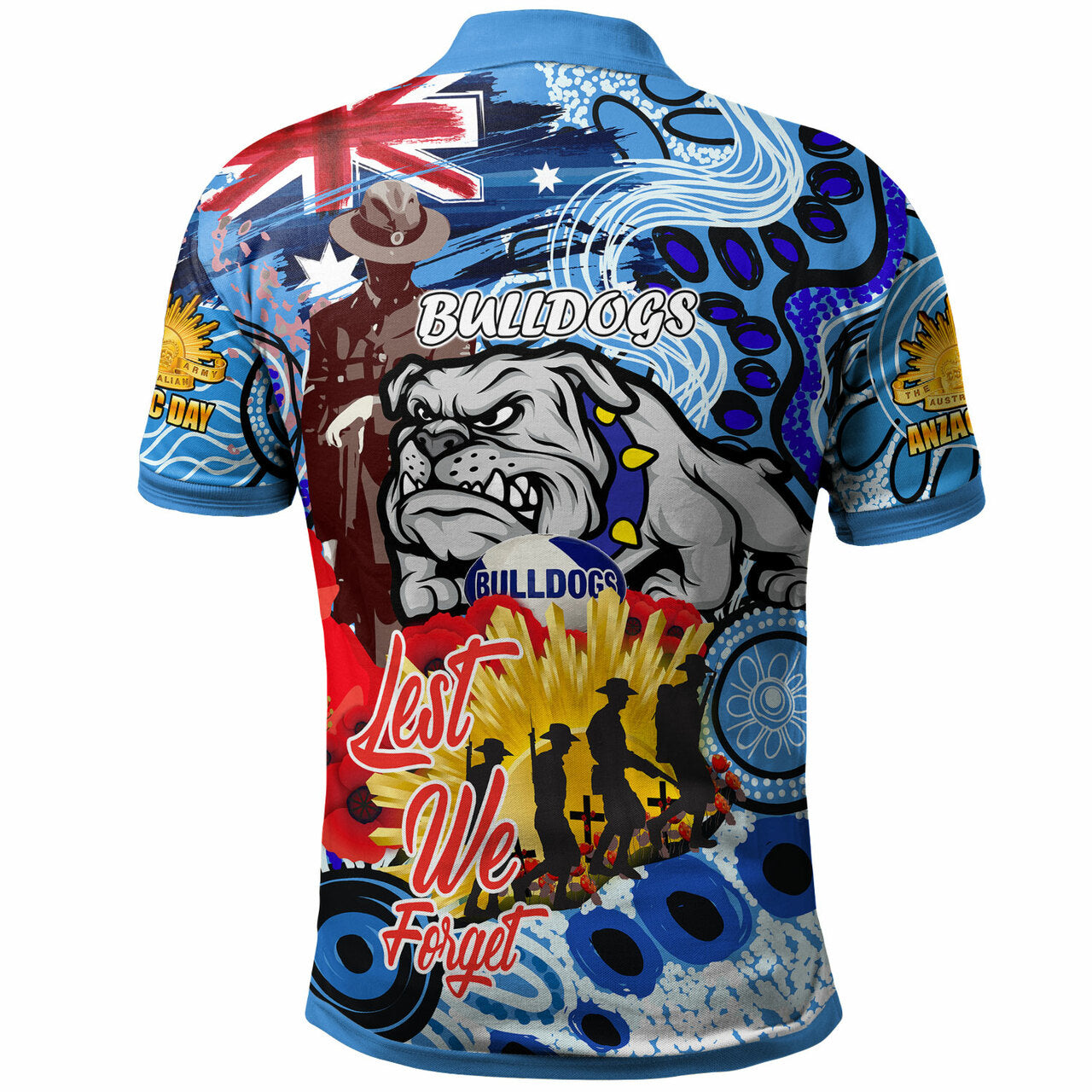 Bulldogs Rugby Australia And NZ ANZAC Day Polo Shirt - Lest We Forget Bulldogs With Rugby Ball And Aboriginal Patterns - Vibe Hoodie Shop