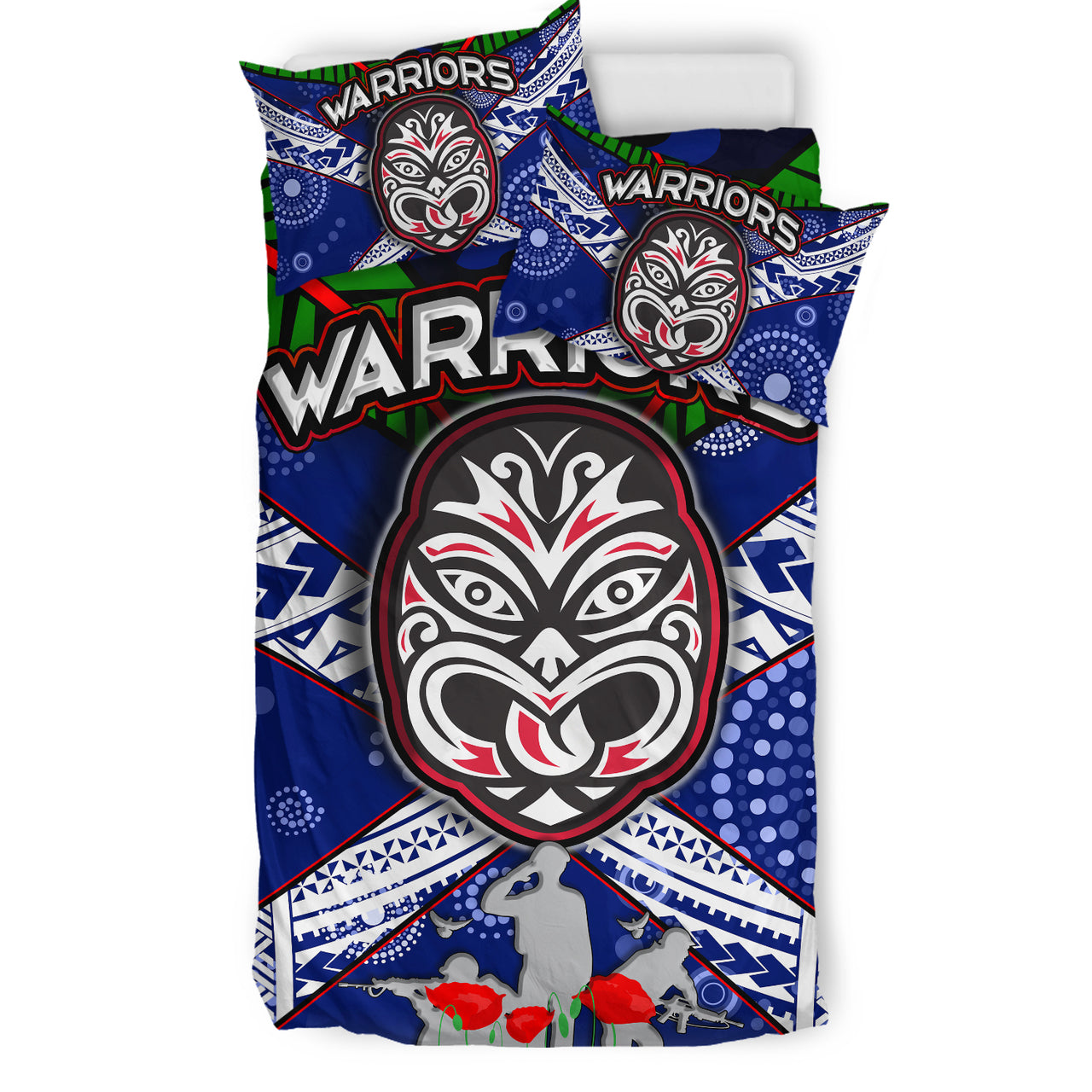 Warriors Rugby Bedding Set - Aboriginal Dot Art ANZAC Day Warriors With Poppy Flower Patterns Bedding Set RLT12 - Vibe Hoodie Shop